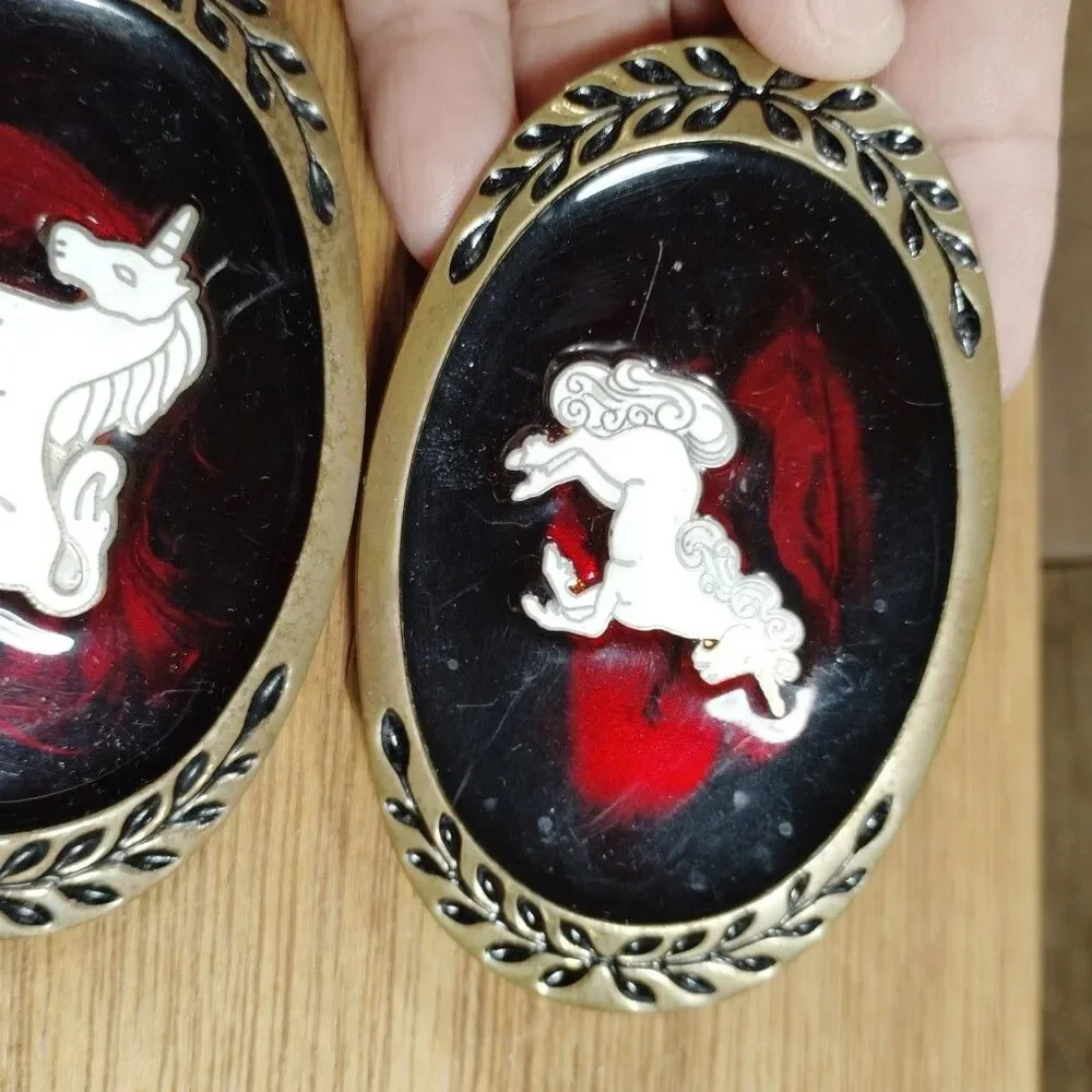 Three Vintage Unicorn Brass Belt Buckle Heritage Red Heart Lot Mystical Magical
